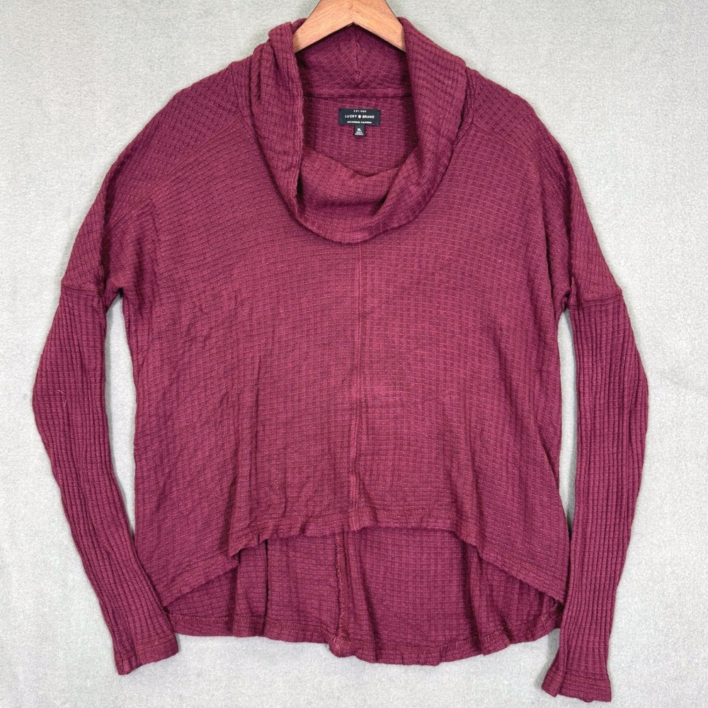 Lucky Brand Waffle Knit Top Women XL Burgundy Cowl Neck High Low Casual Pullover